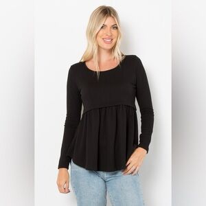 Be Stage Full Size Texture Babydoll Round Neck Long Sleeve Knit Top